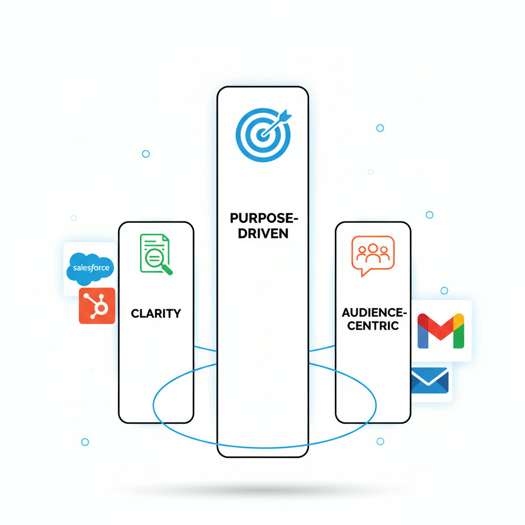 An image illustrating the core principles of minimalist content strategy: Clarity, Purpose-driven, and Audience-centric. This could be depicted as three interconnected pillars, each with an icon or simple visual cue representing its principle (e.g., a magnifying glass for clarity, a target for purpose, a speech bubble or diverse group of people for audience-centric).