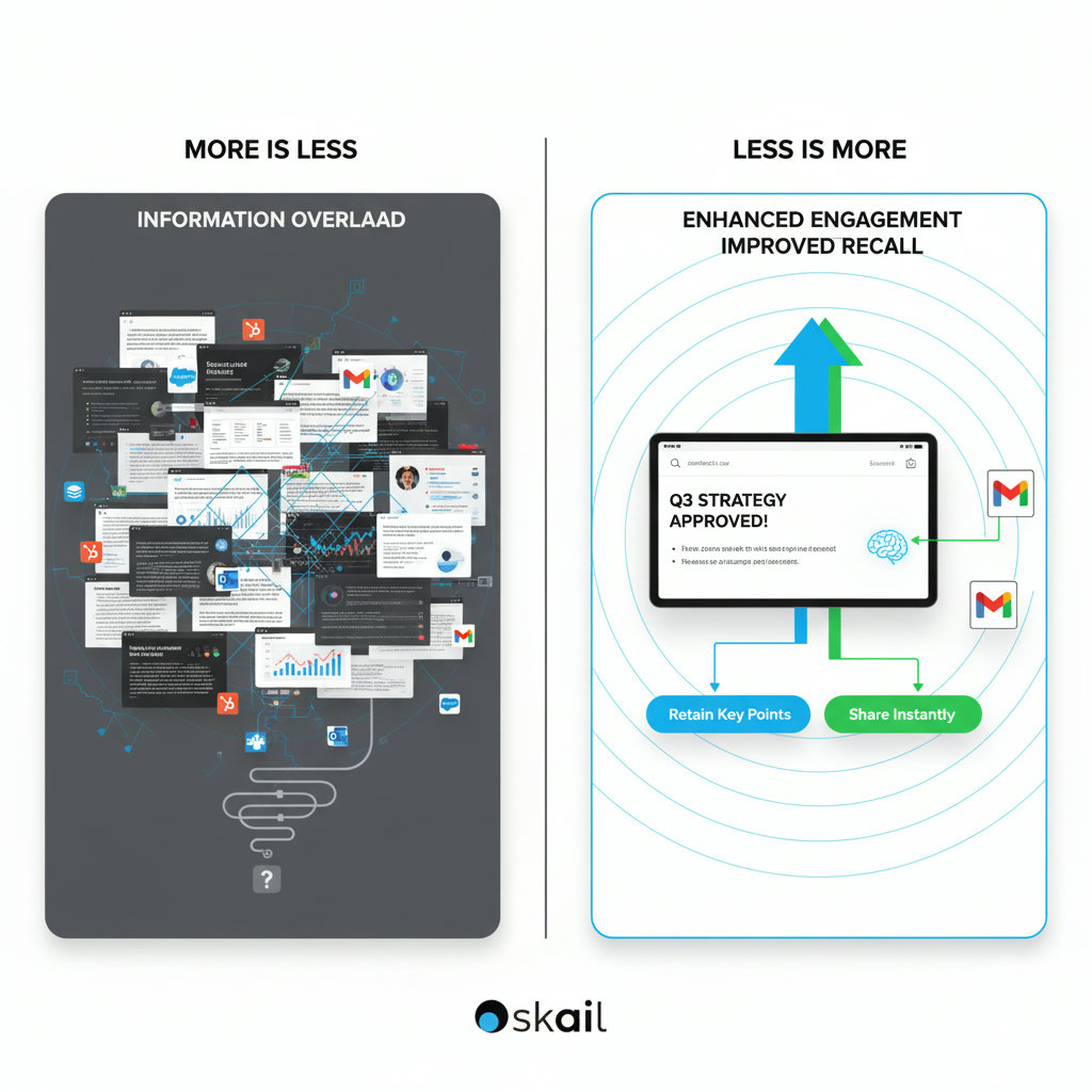 A split image or infographic contrasting 'more is less' vs. 'less is more' in content. On one side, represent 'information overload' with busy, cluttered, and overwhelming content. On the other, depict 'enhanced engagement' and 'improved recall' with clean, focused, and impactful minimalist content, perhaps showing a clearer path or a higher retention rate.