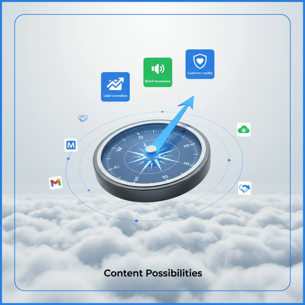 A visual metaphor for 'Identifying Your Why,' perhaps a compass pointing towards clear objectives (lead generation, brand awareness, customer loyalty) amidst a vast, foggy landscape of content possibilities. This would emphasize the strategic direction minimalist content provides.