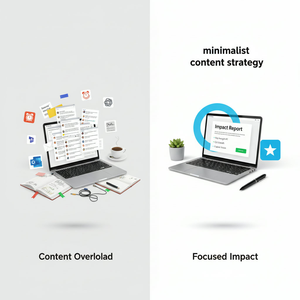 A visual contrast between 'more is more' content strategy (depicted as a cluttered, overflowing inbox or a messy desk with many documents) and 'minimalist content strategy' (shown as a clean, organized, perhaps sparse desk with a single, impactful document or a clear, focused screen). This image should visually convey the idea of content fatigue vs. focused impact.
