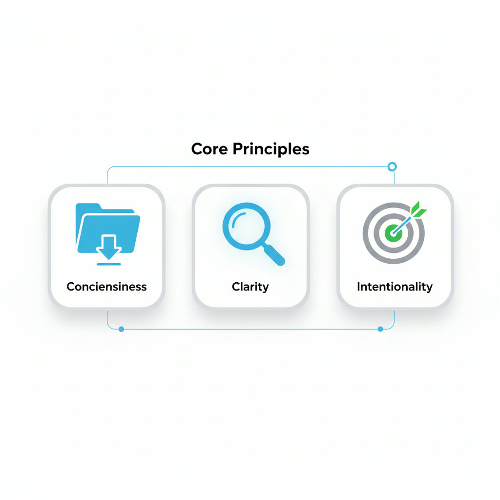 An image representing the 'Core Principles' of minimalist content: Conciseness, Clarity, and Intentionality. This could be an infographic style with three distinct, clean icons or symbols representing each principle, perhaps arranged in a harmonious, balanced composition. For Conciseness, a highly compressed file icon; for Clarity, a crystal-clear magnifying glass; for Intentionality, a target with an arrow hitting the bullseye.