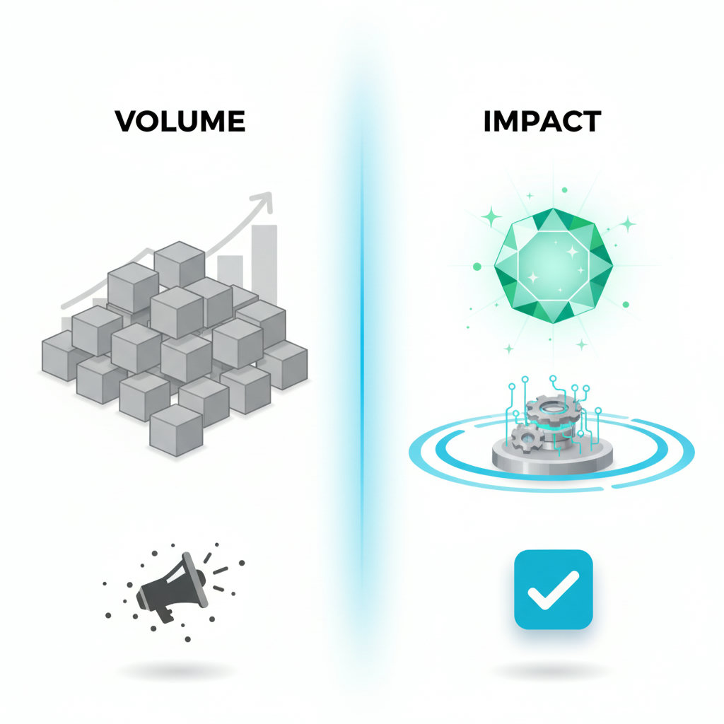 A split image or infographic demonstrating 'Impact over Volume'. One side could show a large pile of generic, indistinguishable items (representing volume), while the other side shows a single, sparkling, highly valuable gem or a precisely engineered component (representing impact), with a clear emphasis on the latter.