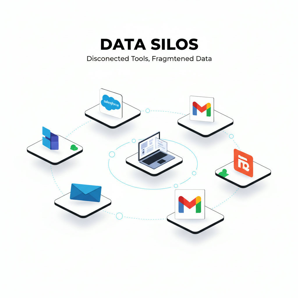 An illustration of various disconnected marketing and sales tools, represented as separate islands or scattered puzzle pieces, highlighting the problem of data silos.