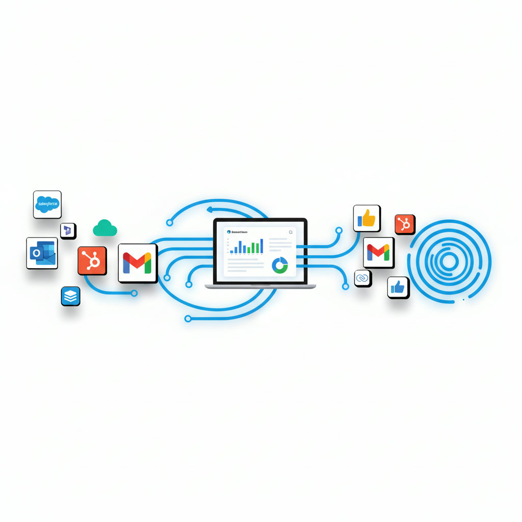 A visual metaphor of a seamless, flowing connection between different icons representing CRM, email marketing, social media, and analytics, symbolizing integrated platforms.
