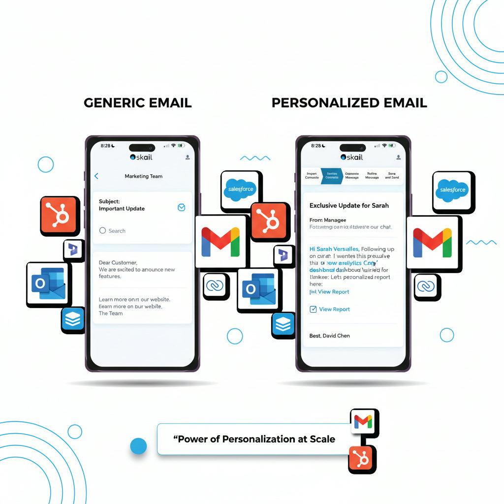 A split image or infographic showing a generic 'Dear Customer' email next to a highly personalized email with specific customer details, illustrating the power of personalization at scale.