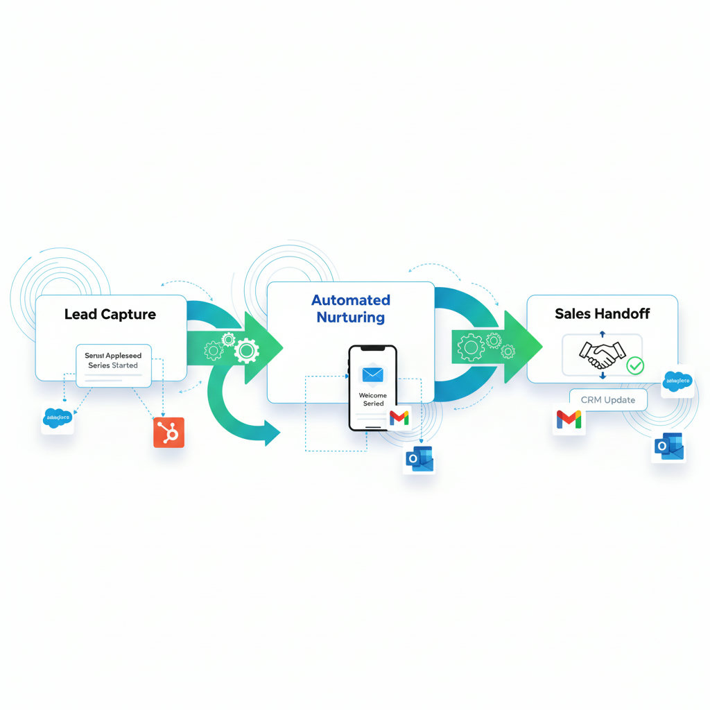 A dynamic visual representing automated workflows, perhaps with arrows and gears connecting different stages of the customer journey from lead capture to sales hand-off, showcasing efficiency and automation.
