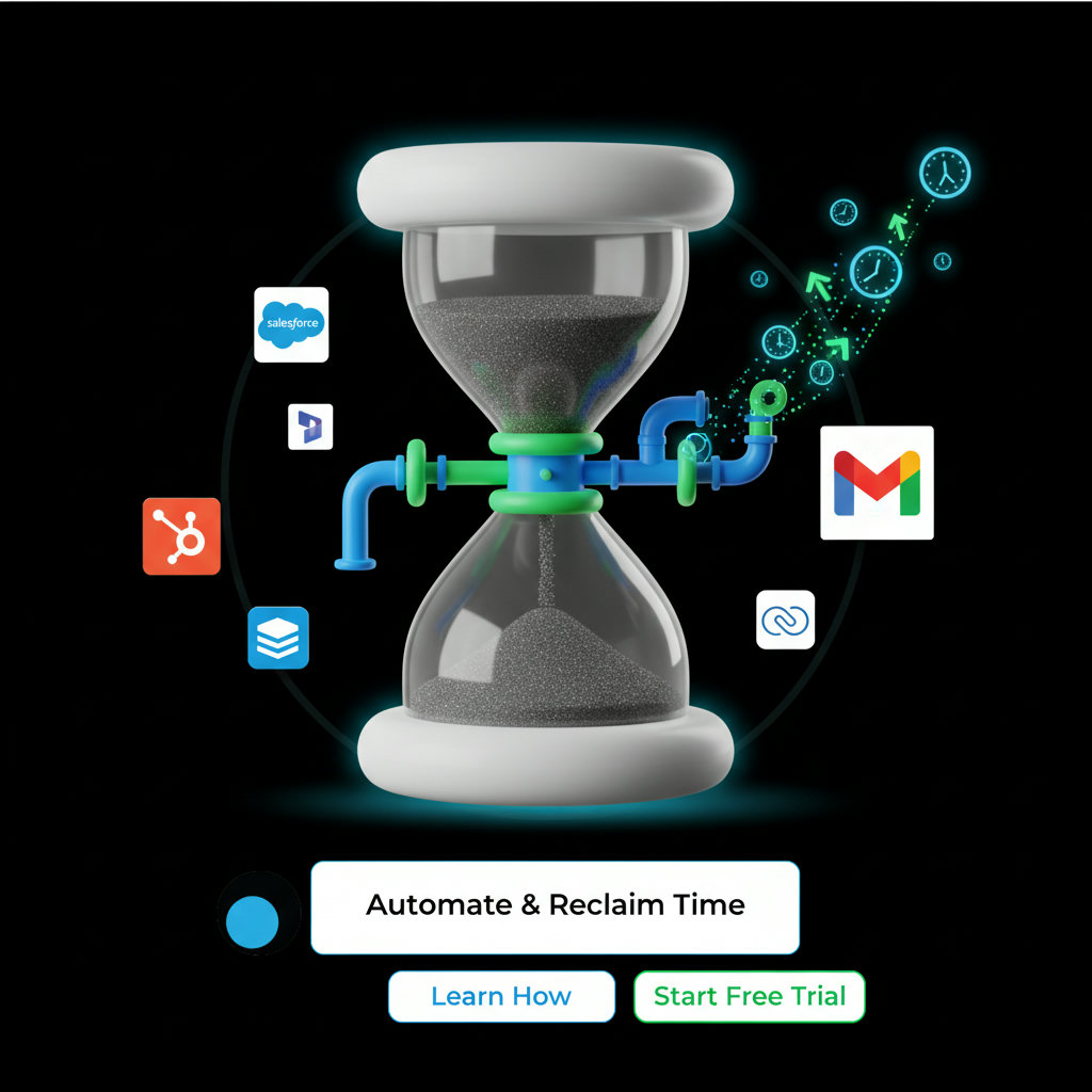 A visual metaphor depicting time being 'reclaimed' or 'saved' through automation. Perhaps an hourglass with sand flowing into a system that then produces more time or efficiency symbols.
