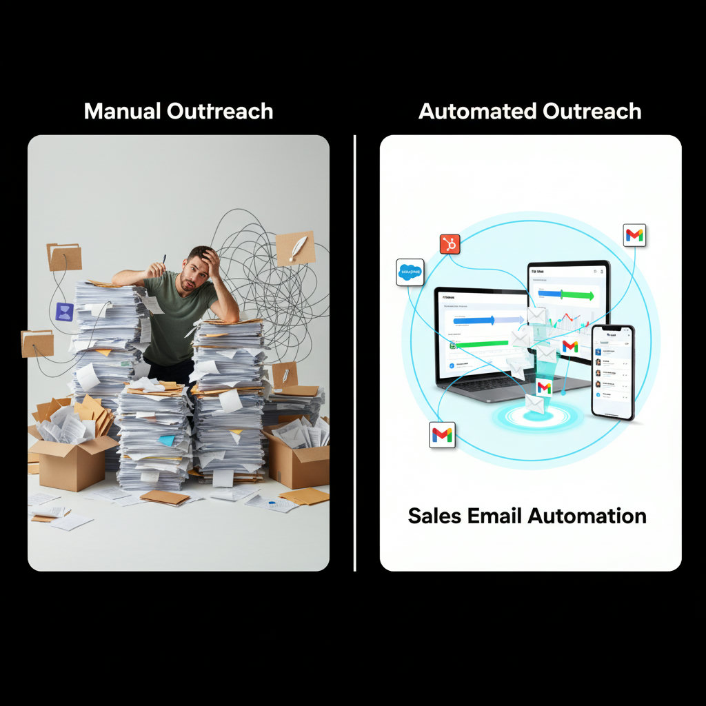 An image contrasting manual, laborious sales outreach (e.g., a person buried under piles of paper emails) with streamlined, efficient sales email automation (e.g., a modern dashboard with emails flowing effortlessly).