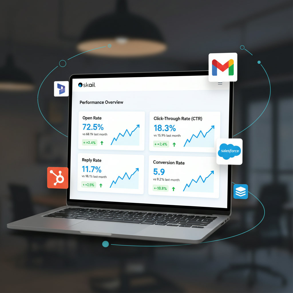 A dashboard or analytics screen highlighting key performance indicators (KPIs) like Open Rate, CTR, Reply Rate, and Conversion Rate with upward trends, visually representing the success and measurability of sales email automation.