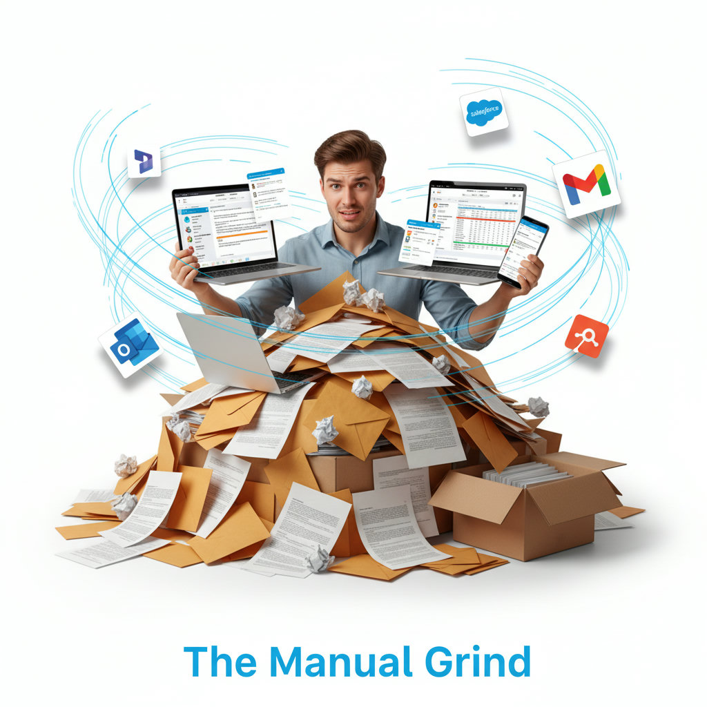 A salesperson buried under a mountain of paperwork and overflowing inboxes, looking stressed and overwhelmed. This visually represents the 'Manual Grind' section.