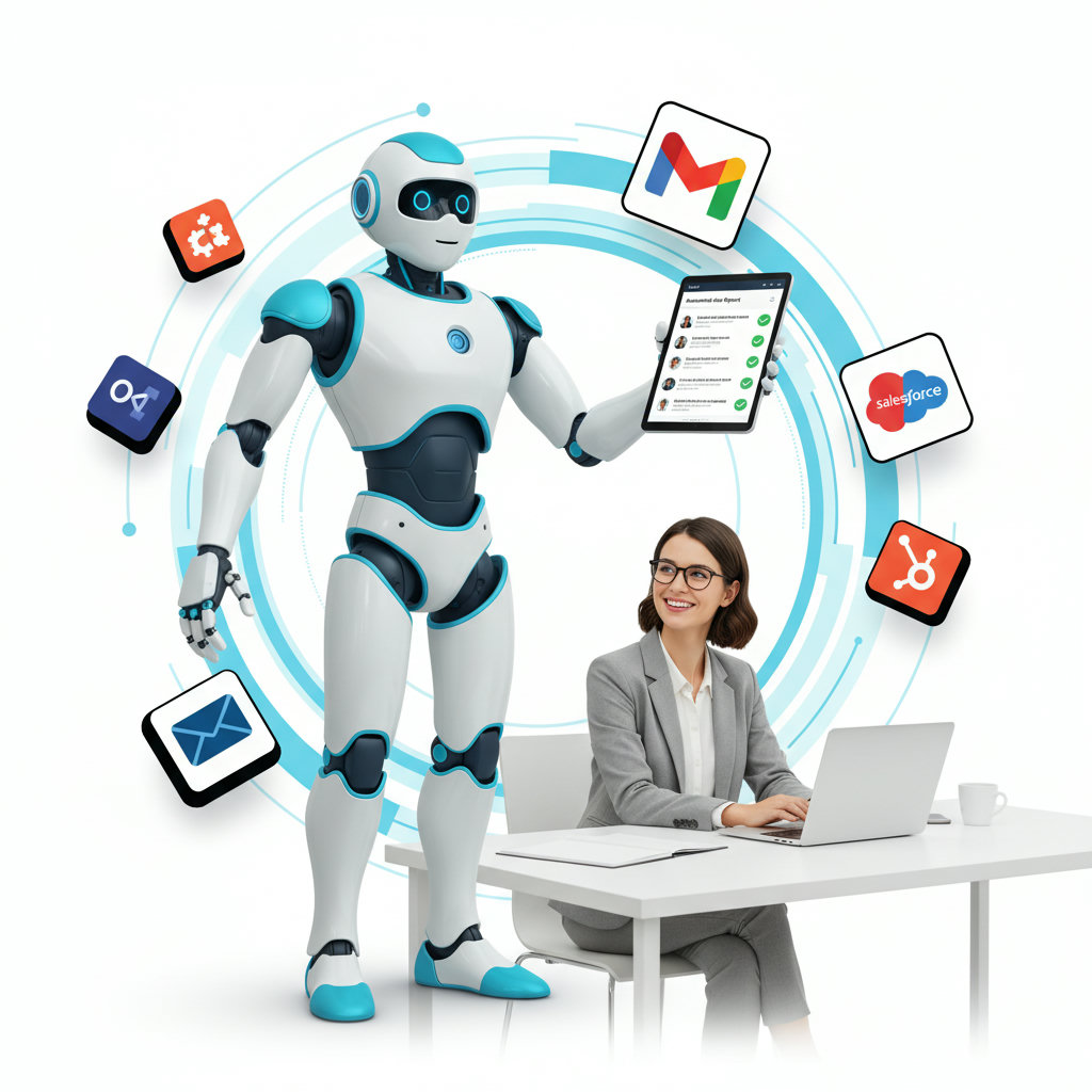A superhero or a powerful, efficient robot assistant streamlining email tasks for a relieved salesperson, symbolizing sales email automation as the 'hero'.