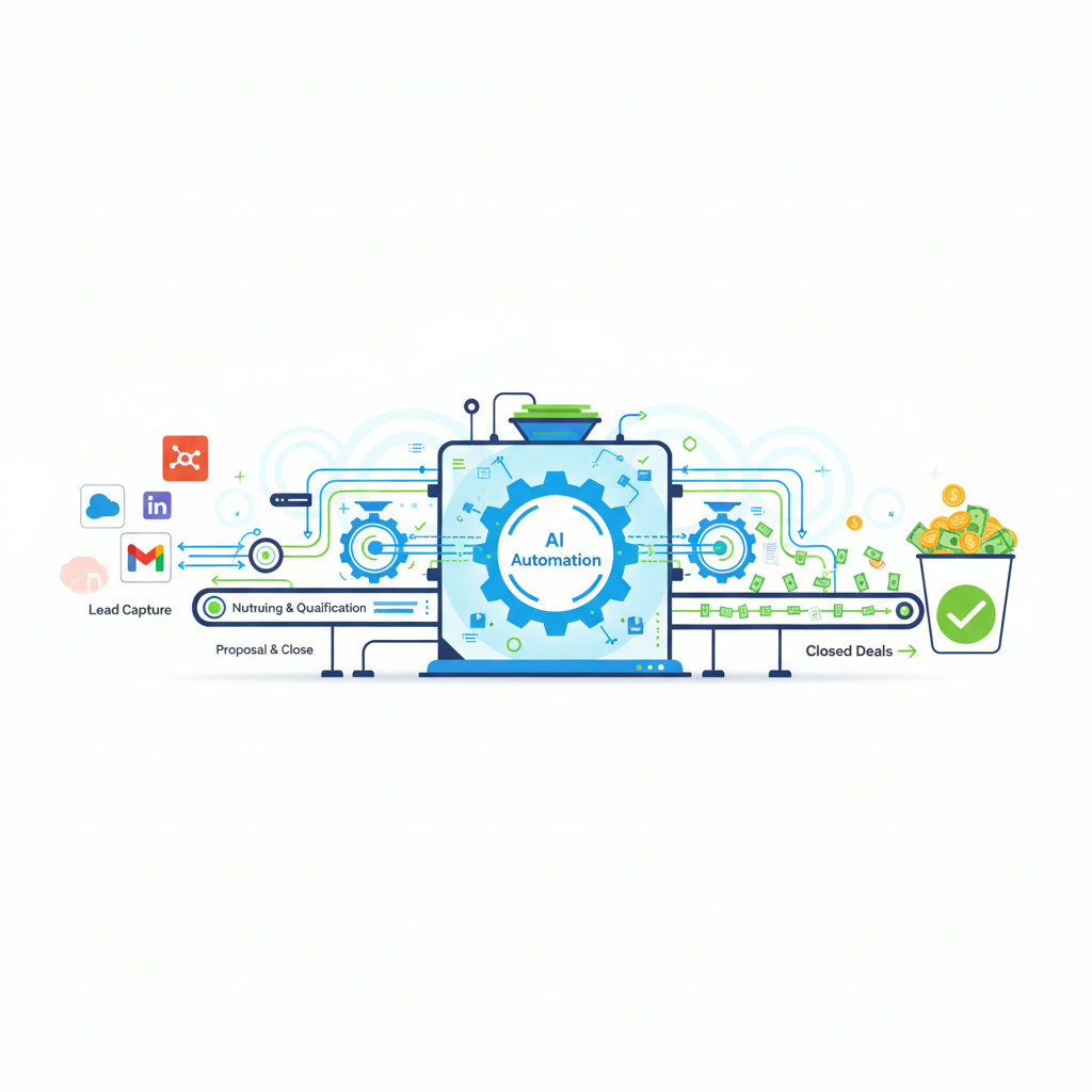 A visual metaphor of a sales pipeline or a complex machine with gears, where automation is clearly shown optimizing the flow, leading to more closed deals/money.