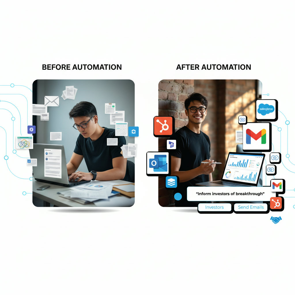 A split image or a 'before and after' showing a salesperson initially overwhelmed by manual tasks, and then empowered and focused on strategic relationship-building after implementing automation, with charts/data showing improved performance.
