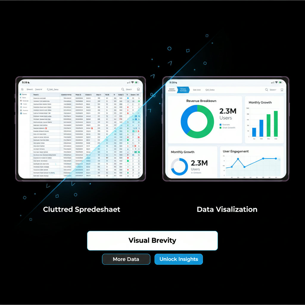 A well-designed data visualization versus a cluttered spreadsheet, showcasing the power of visual brevity.