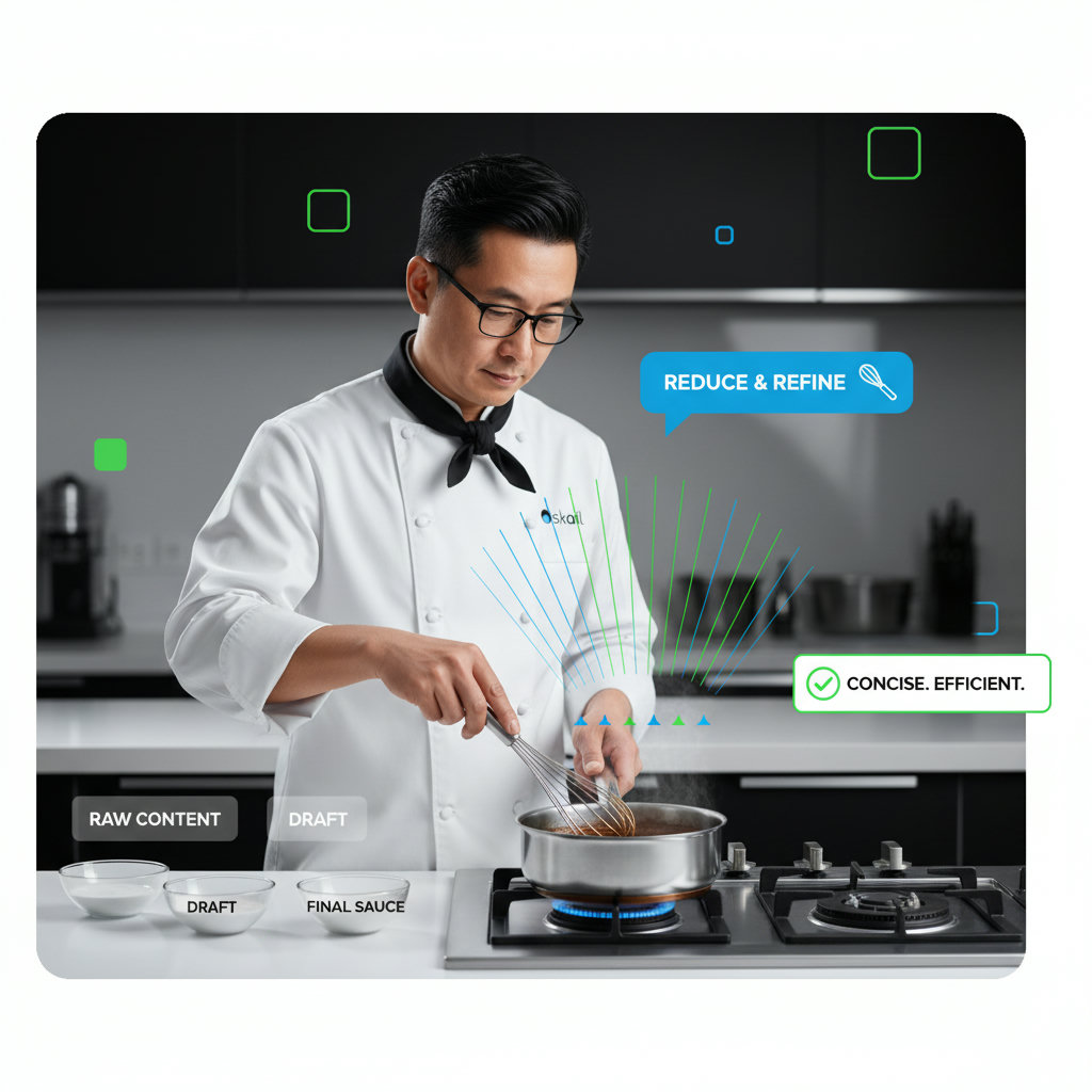 A master chef reducing a sauce, symbolizing conciseness and efficiency in content creation.