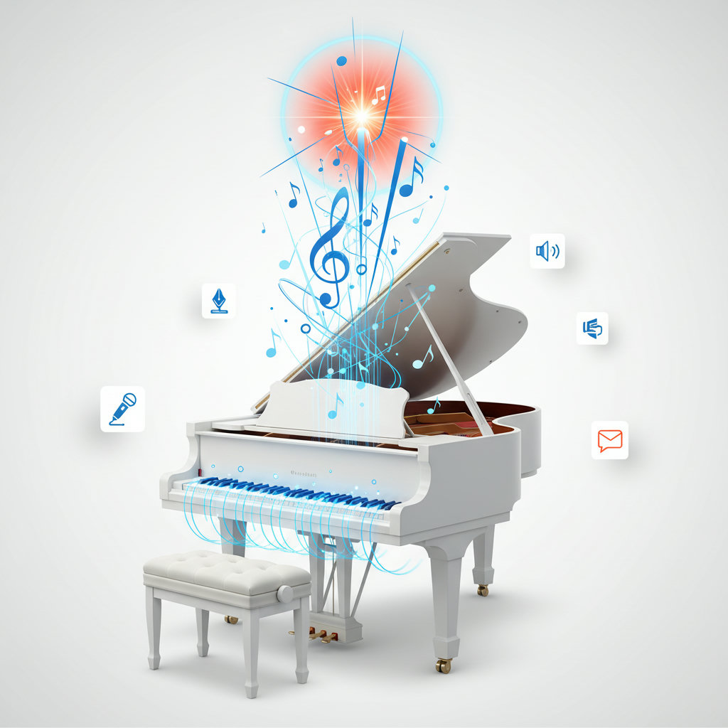 An elegant, finely tuned instrument playing essential musical notes to create a powerful melody, symbolizing intentionality, precision, and impact in content.