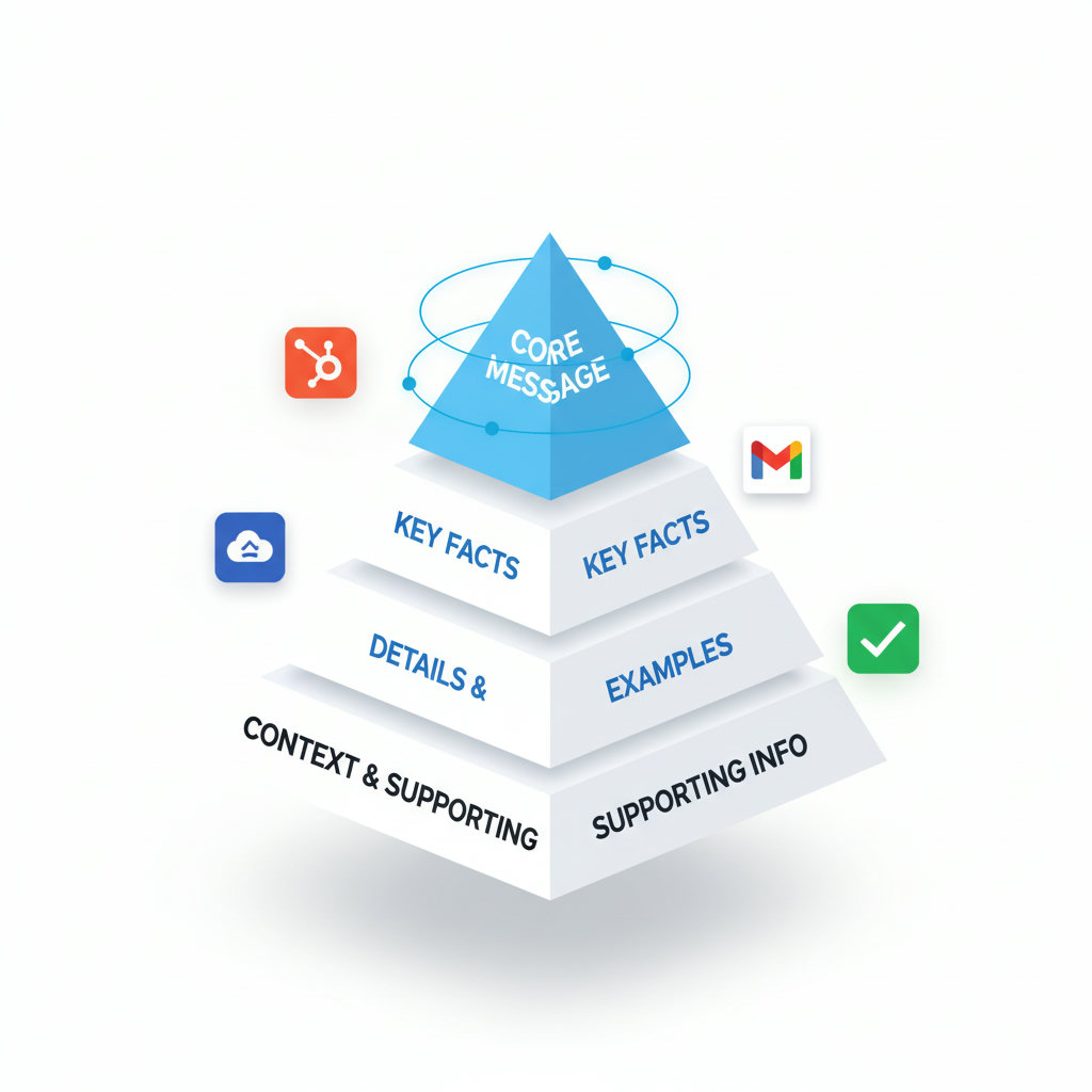A well-organized pyramid with the most vital information at the top, supported by details, examples, and context below, emphasizing prioritizing core information and quick delivery of essential facts.