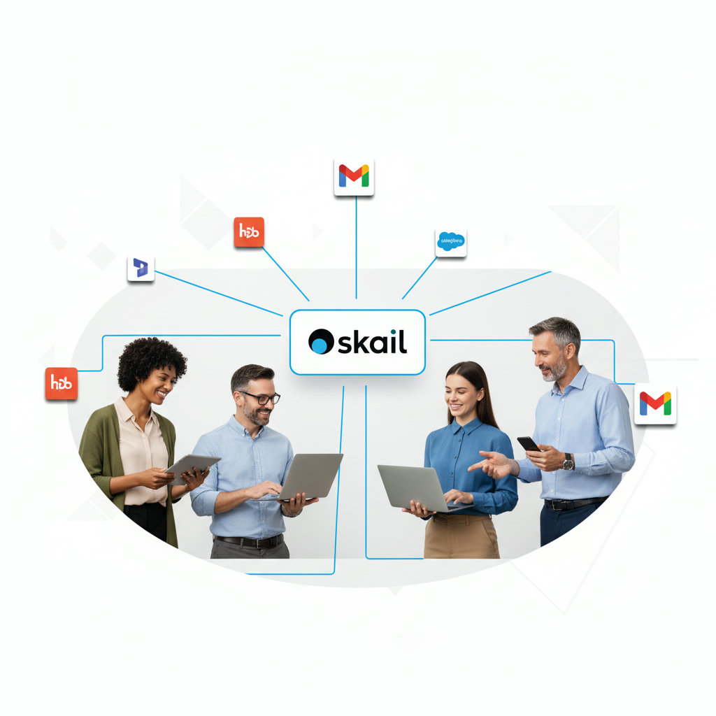 A group of diverse professionals, actively engaged in conversation and sharing content on various digital devices, with lines connecting them to a central brand logo, symbolizing their role as brand champions and the extended reach of employee advocacy.