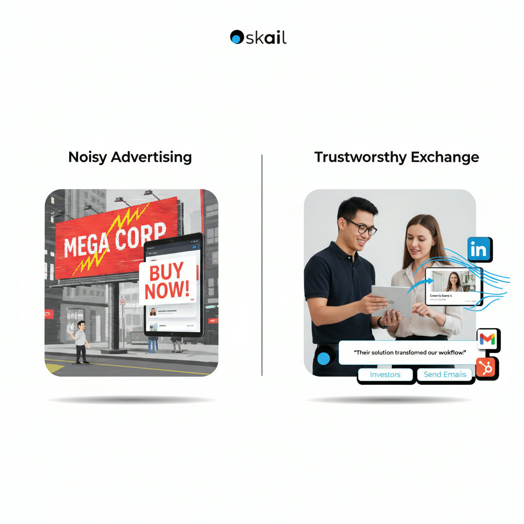 A split image contrasting traditional, noisy advertising (e.g., billboards, pop-up ads) on one side with a more intimate, trustworthy exchange between two individuals (representing an employee and a potential client) on the other, highlighting the authenticity and trust built through employee advocacy.