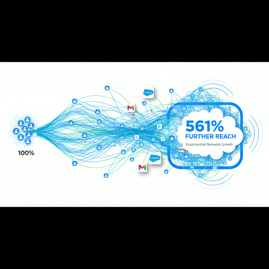 A visual representation of exponential growth, perhaps a graph or a network diagram where individual nodes (employees) are connected, and their combined reach expands significantly outwards, illustrating the '561% further' statistic mentioned in the text.