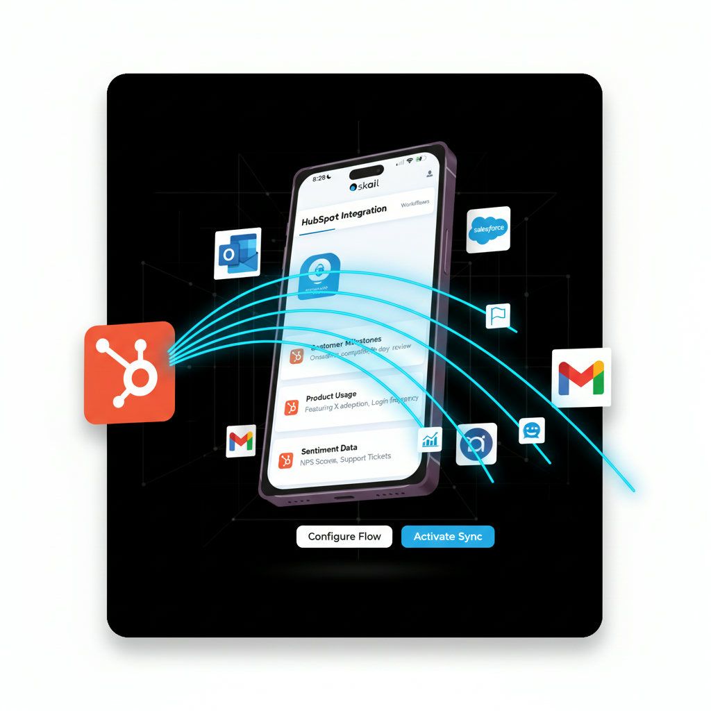 A graphic showing data flowing from HubSpot into Skail, with elements like customer milestones, product usage, and sentiment being transferred, emphasizing streamlined data exchange.