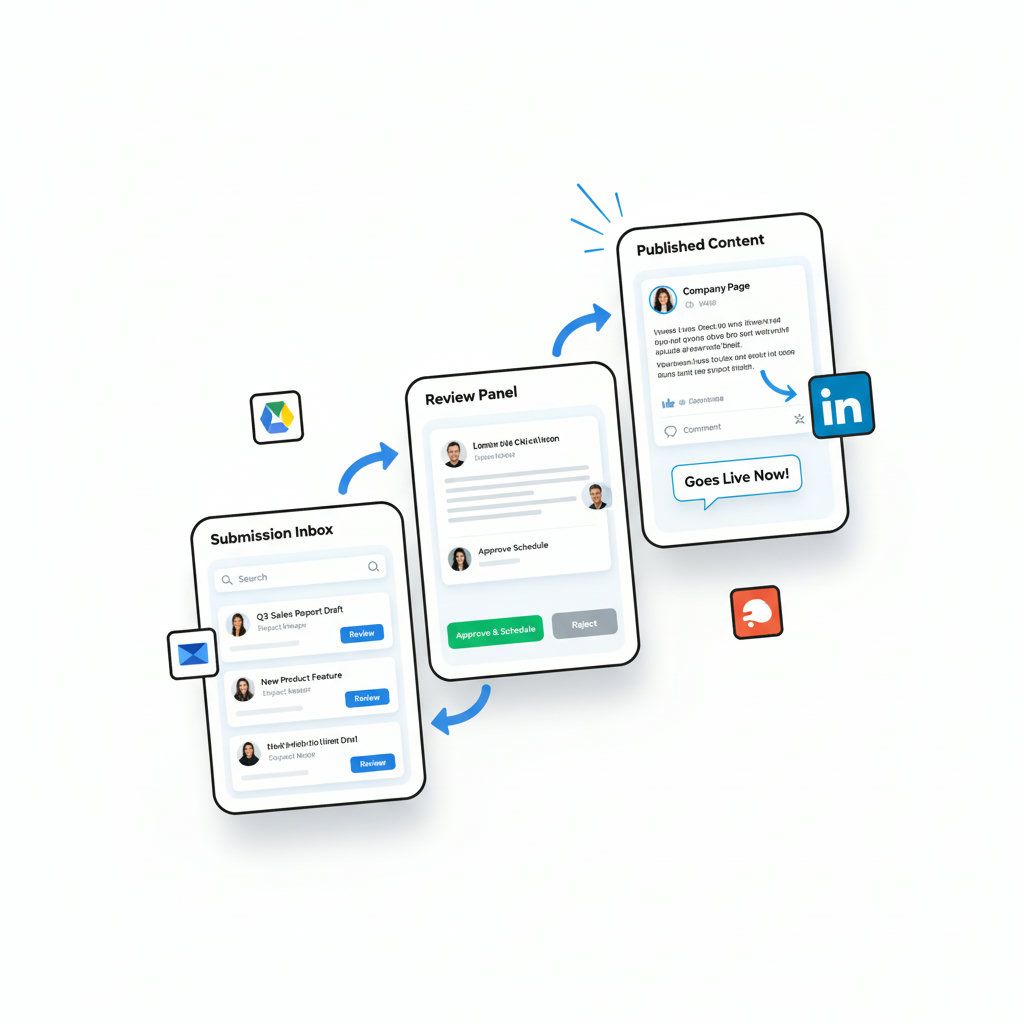 An image illustrating the flow of content from employee submission, through admin review and approval, to final publication on a LinkedIn Company Page. This could involve arrows indicating content movement and distinct stages like