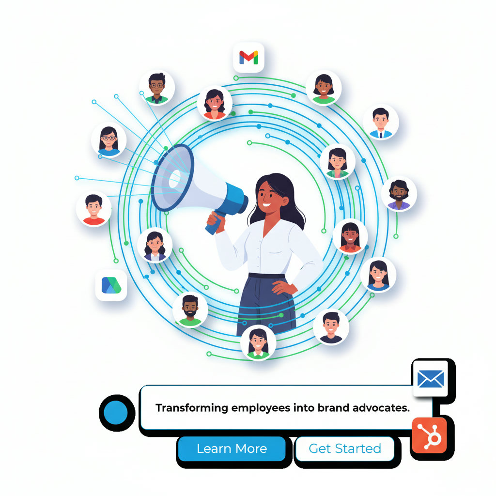 A visual metaphor depicting an individual holding a megaphone, with a network of lines extending from them to many other people, symbolizing amplified reach. This illustrates how an employee influencer program transforms individual employees into powerful brand advocates, extending the company’s message far and wide.
