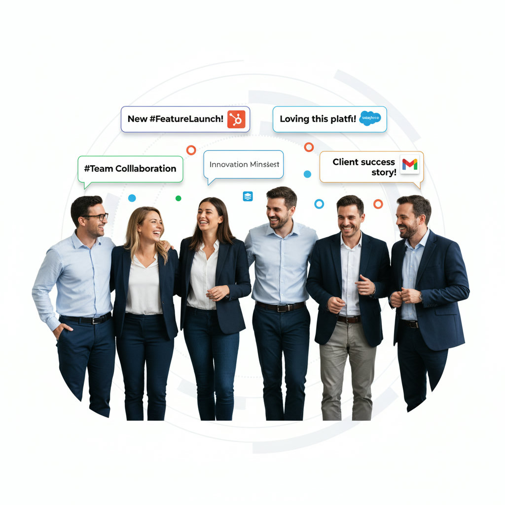 An image of a diverse group of people (representing employees) standing together, each with a speech bubble or thought cloud containing brand-related keywords or logos. This highlights the concept of employees as authentic brand advocates and trusted voices, showcasing the collective power of an employee influencer program.