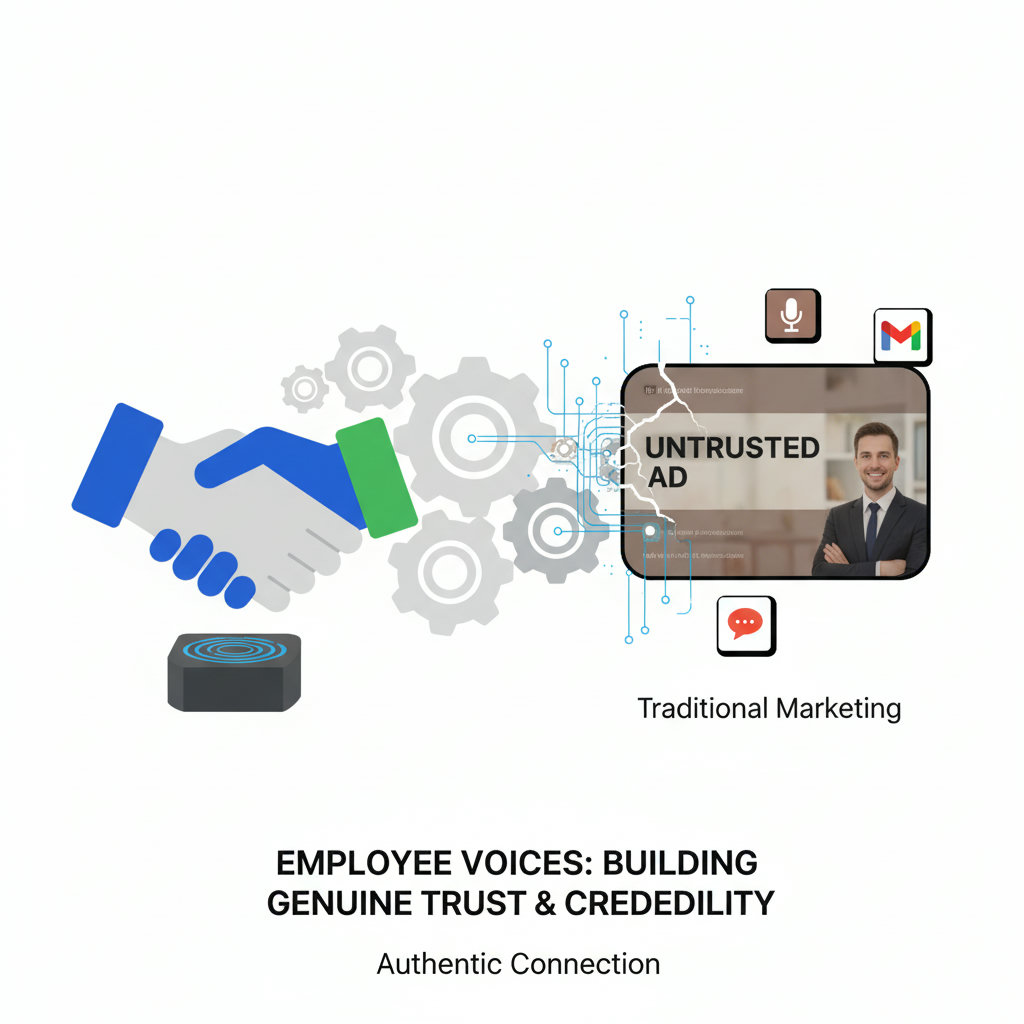 A visual representation of trust, perhaps with a handshake evolving into gears or a strong foundation, contrasting with a generic, untrusted advertisement. This would underscore how employee voices build genuine trust and credibility more effectively than traditional marketing.