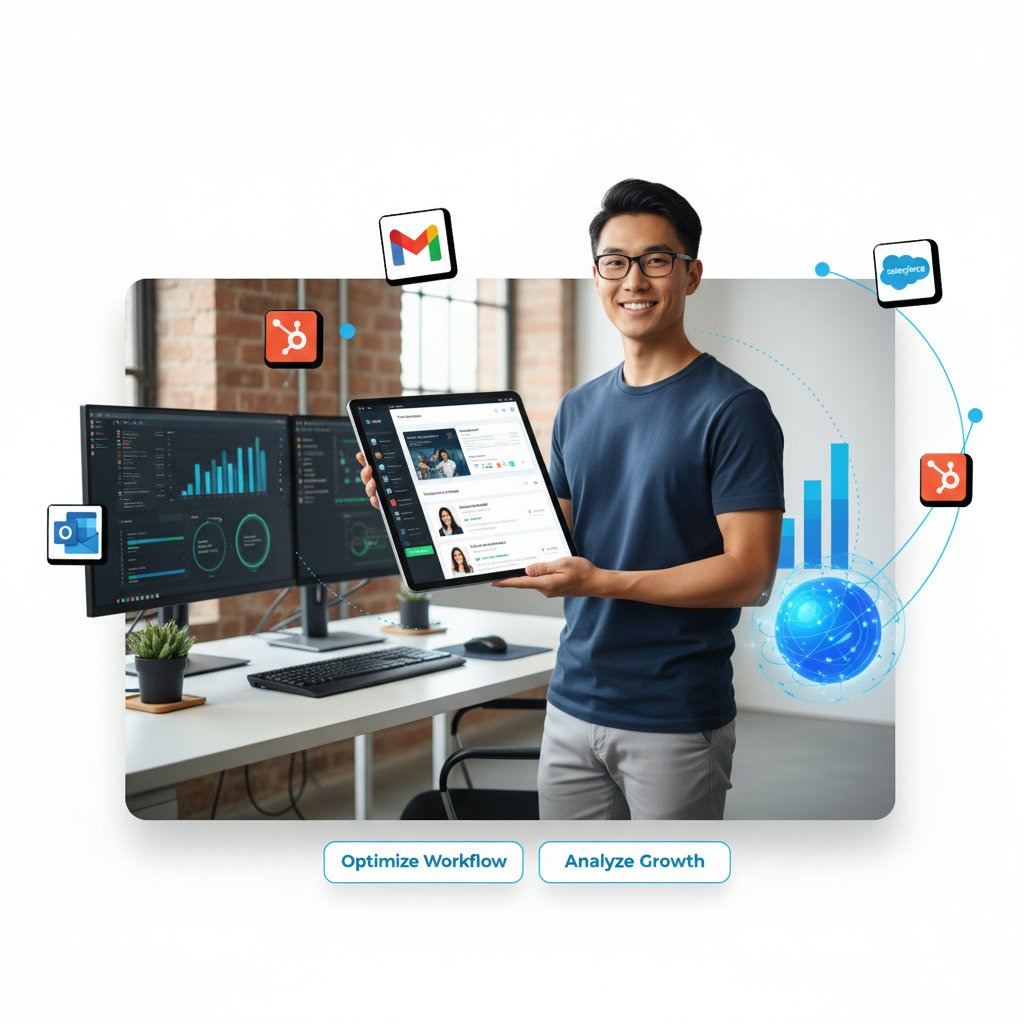 A small business owner juggling multiple tasks (product, customers, marketing campaigns) with a super-powered AI co-pilot assisting them, symbolizing efficiency and growth.