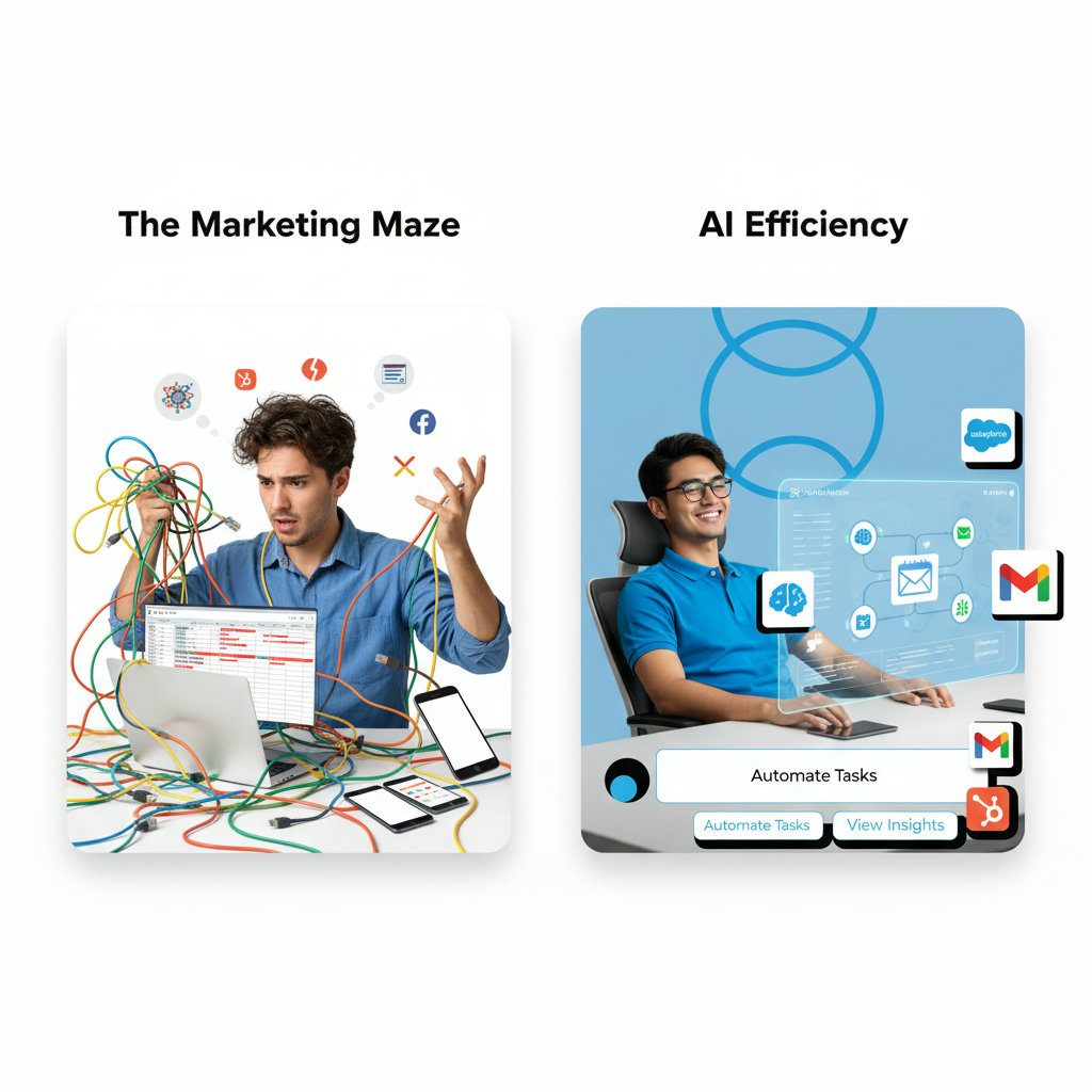 A split image or comparison. One side shows a frustrated person dealing with tangled cords, overflowing spreadsheets, and trying to manually craft social media posts (representing 'The Marketing Maze'). The other side shows the same person relaxed, overseeing an efficient, streamlined machine or dashboard with AI symbols (representing 'AI Efficiency').