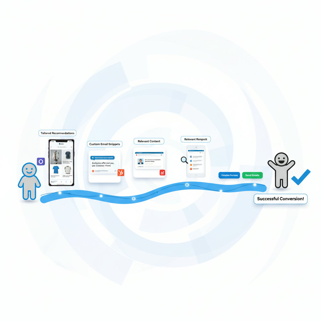 A visual representation of personalized customer journeys. Imagine a customer icon at the start of a path, and as they progress, different AI-powered elements (e.g., personalized product recommendations, tailored email snippets, custom content) appear along the path, guiding them to a successful conversion, perhaps depicted as a happy customer at the end.