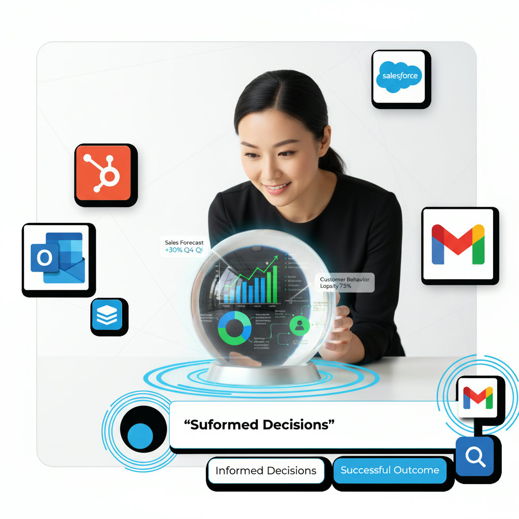 A visual metaphor for predictive analytics. A small business owner looking into a crystal ball, but instead of mist, they see clear, data-driven insights and future trends (e.g., sales forecasts, customer behavior predictions, optimal marketing channels) projected within it, leading to informed decisions and a successful outcome.