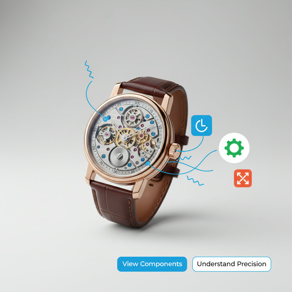 A minimalist design featuring a single, finely crafted Swiss watch with visible gears and springs, symbolizing precision, clarity, and essential components working in harmony.