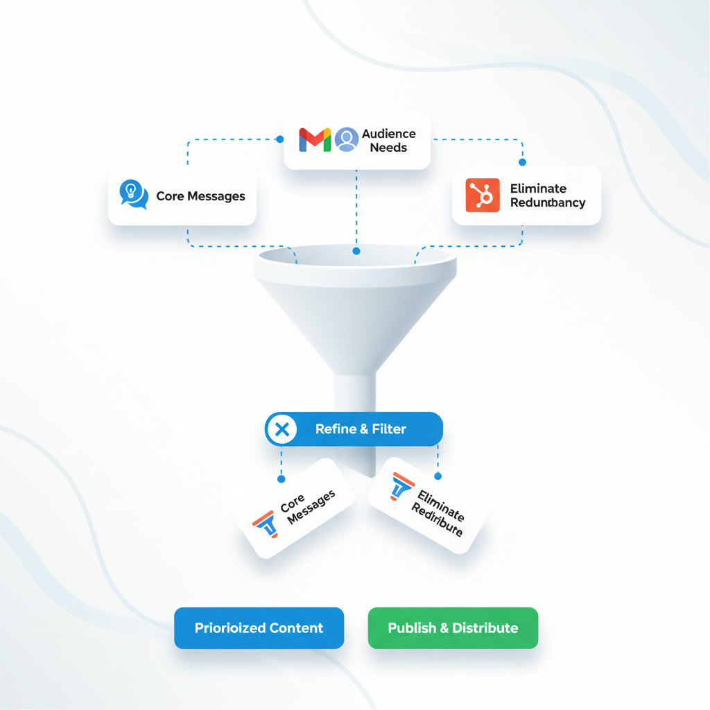 An infographic visually representing the process of content prioritization, showing steps like identifying core messages, audience needs, and eliminating redundancy, perhaps with filter icons or a funnel graphic.