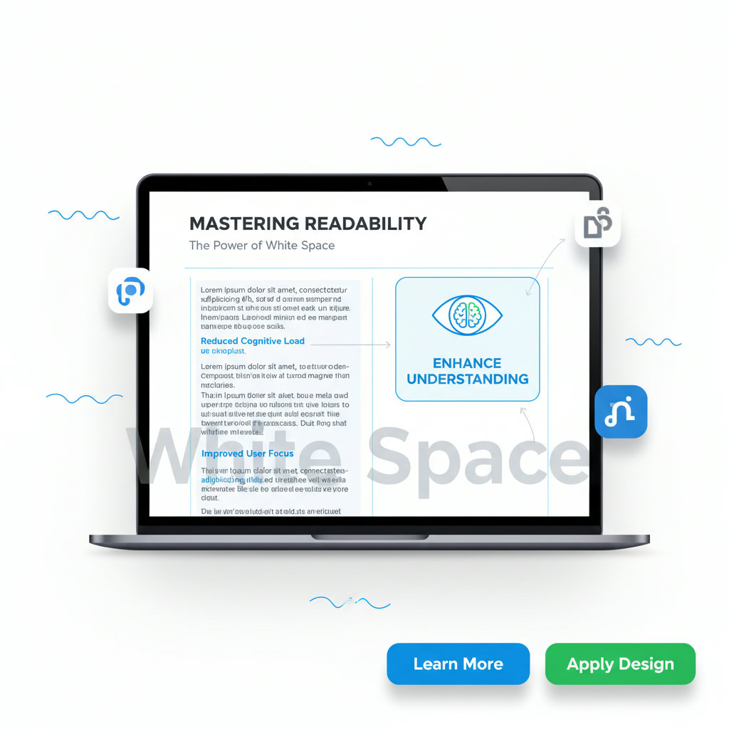 An image illustrating 'white space' in content design, showing a well-structured page with balanced text and empty areas, possibly with subtle lines or highlights demonstrating readability and reduced cognitive load.
