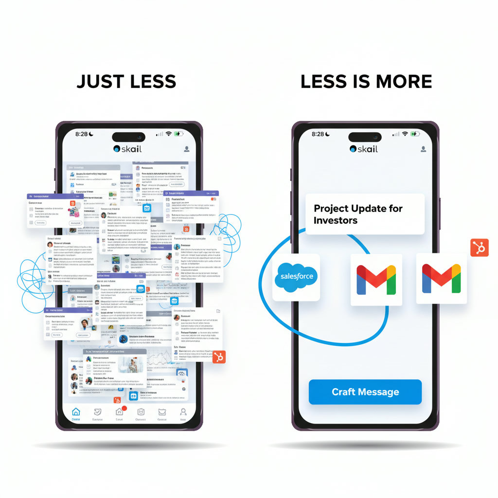 A split image or comparison showing two types of content: one dense and cluttered (representing 'just less') and the other clean, focused, and impactful (representing 'less is more' or minimalist content).