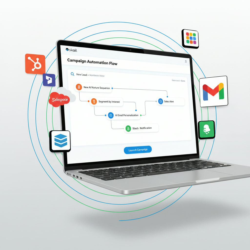 A dynamic image showcasing the automation of routine marketing tasks through AI, with data flowing seamlessly between CRM 