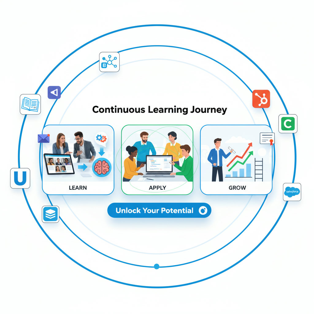 An infographic or visual metaphor illustrating the concept of continuous learning, with individuals engaging in various forms of 
