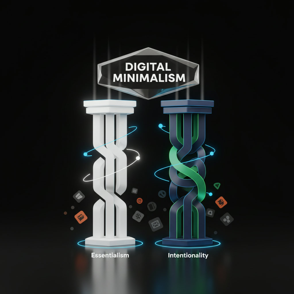 Two distinct pillars, perhaps made of light or abstract forms, labeled 'Essentialism' and 'Intentionality.' They should be supporting a structure or a concept, visually representing their foundational role in digital minimalism. The design should be clean and symbolic.