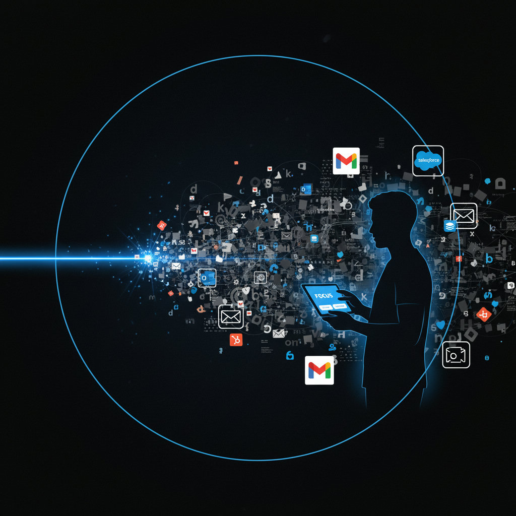 A visual metaphor for cutting through noise, like a sharp, clean laser beam effortlessly slicing through chaotic, jumbled digital data or a person standing calmly amidst a whirlwind of digital distractions, unphased and focused. The image should emphasize clarity and focus in a cluttered digital world.