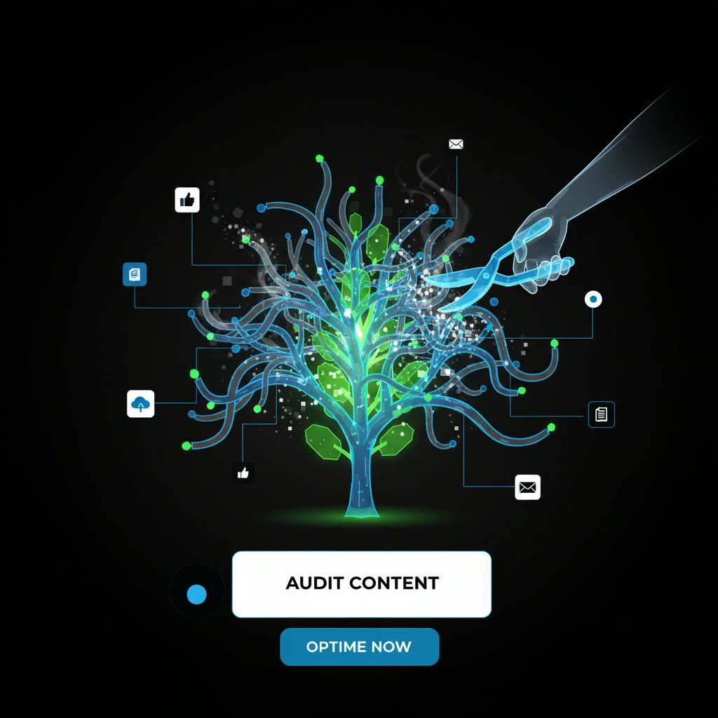 A depiction of a gardener pruning a digital plant or tree, with overgrown, unnecessary branches being carefully trimmed away to reveal a healthier, more focused core. This image should represent the process of auditing and optimizing digital content by removing superfluous elements.