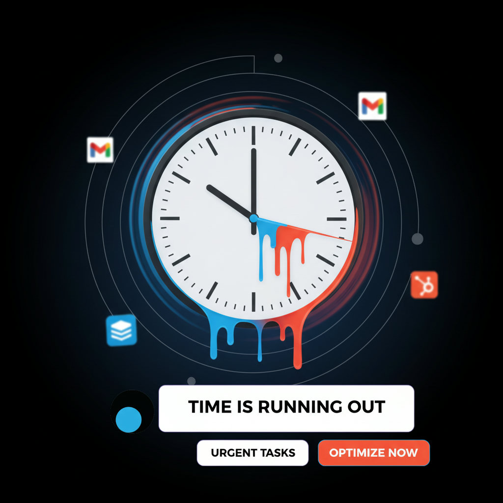 A clock with melting hands or a blurred, fast-spinning clock face to convey the concept of time scarcity and the feeling of constantly chasing time.