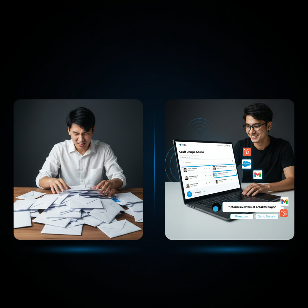 A split image or a visual metaphor showing a person struggling with a pile of generic, identical documents/emails on one side, and on the other, the same person effortlessly creating personalized, unique messages with the help of an AI interface.
