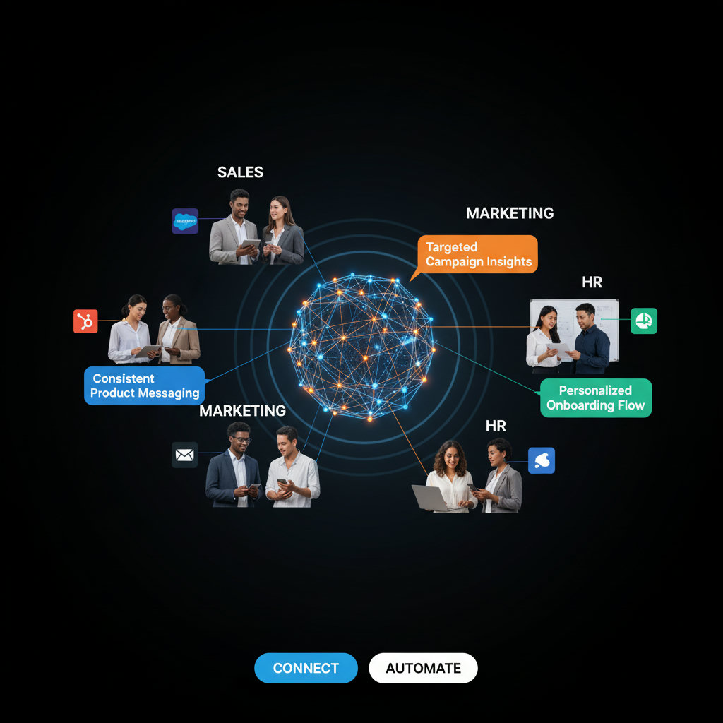A visual representation of an AI assistant, perhaps a friendly, intelligent-looking robot or an abstract AI interface, whispering consistent and on-brand messages into the ear of different people (representing various departments like sales, HR, marketing) or guiding their communication.