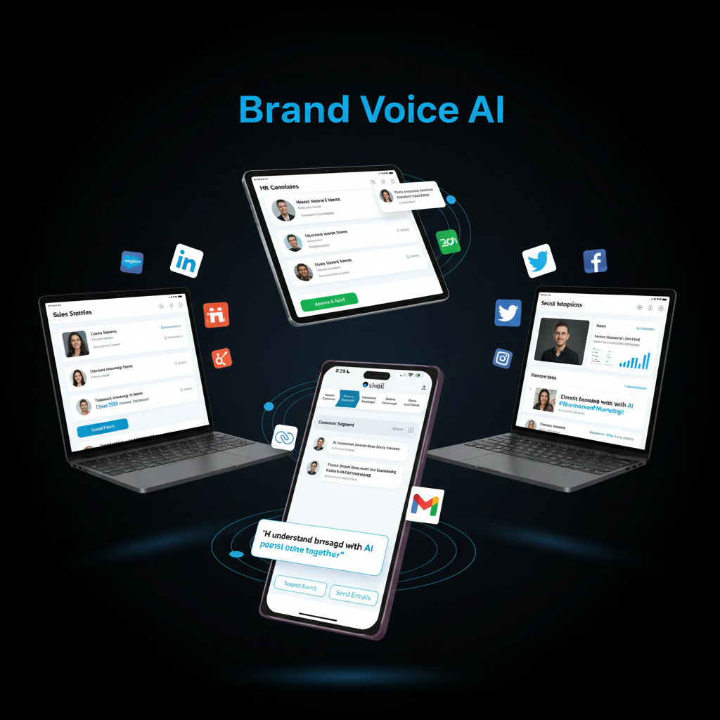 A dynamic image showcasing various applications of brand voice AI: a sales dashboard with personalized pitches, an HR professional reviewing engaging candidate messages, a customer support agent with empathetic AI-generated responses, and a marketer creating consistent social media content.