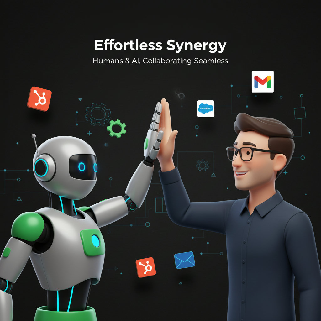 A robot and a human happily collaborating, possibly shaking hands or high-fiving, with gears and digital elements subtly in the background to represent synergy and technology.