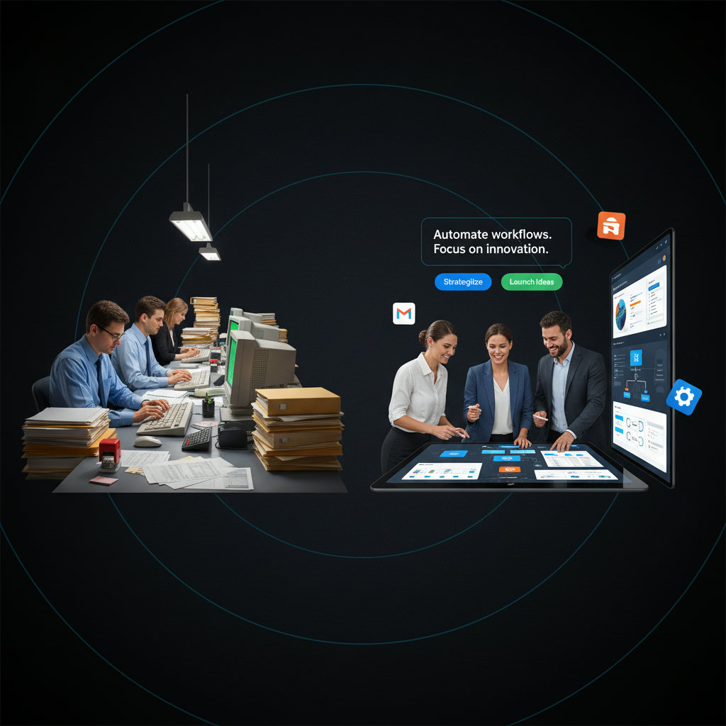 A split image. One side shows workers performing repetitive, manual tasks (e.g., data entry, assembly line). The other side shows the same workers engaged in creative problem-solving or strategic discussions, with digital interfaces or AI tools assisting them, conveying a shift in job roles.