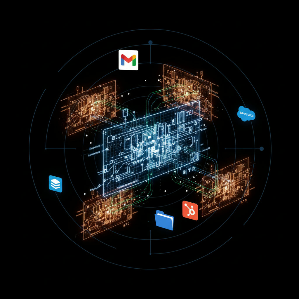 A visual representation of digital clone technology, perhaps showing a blueprint or wireframe of a complex system or process with smaller, glowing digital replicas of it. This could include networked elements and data flowing between the original and its clones.