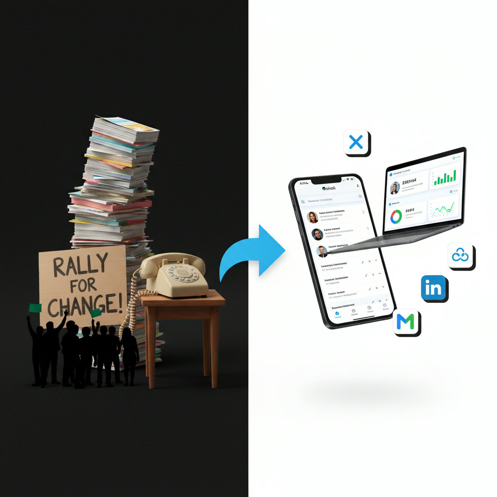 A clear visual contrast between old-fashioned advocacy methods (like stacks of flyers, phone banking, and rallies) and modern digital advocacy tools (social media, online communities, data analytics). The older methods could be depicted as more manual and cumbersome, while the modern ones are streamlined and impactful.